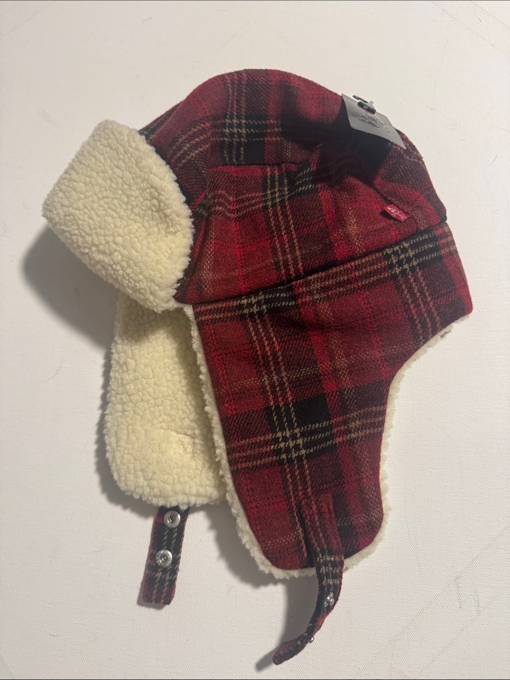 Levis Trapper Hat Mens Red Plaid Large XL Fleece Sherpa